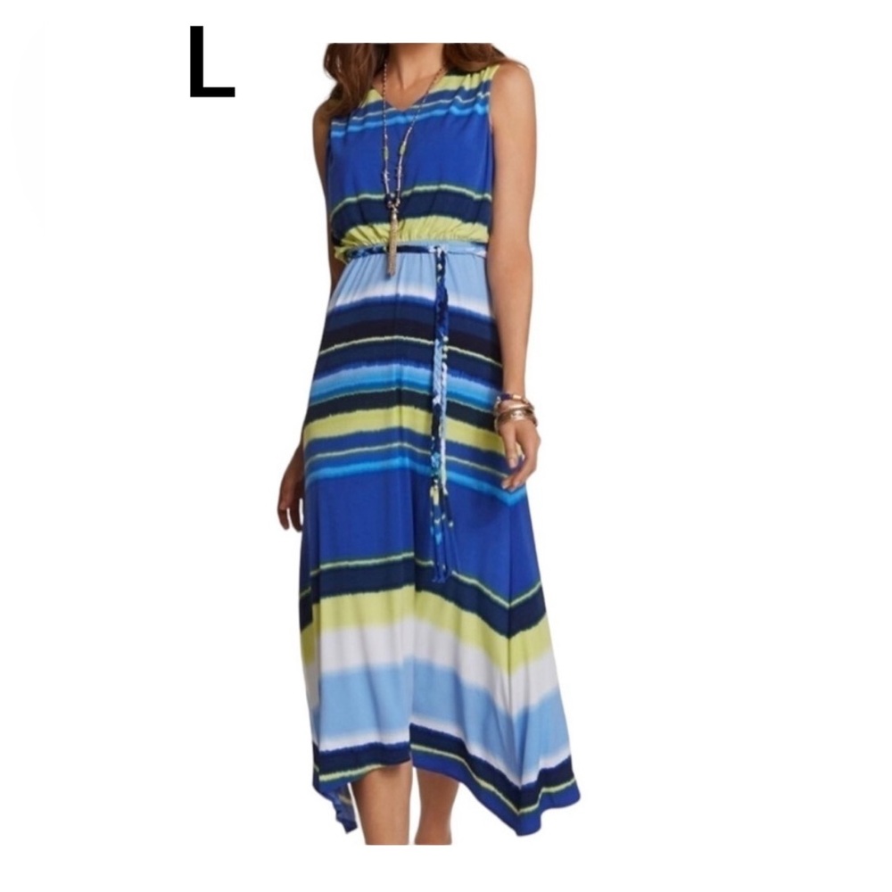 CHICO'S NEW Washed Stripe Kristi Maxi Dress Size Large (Chico's 2) V-Neck Lined